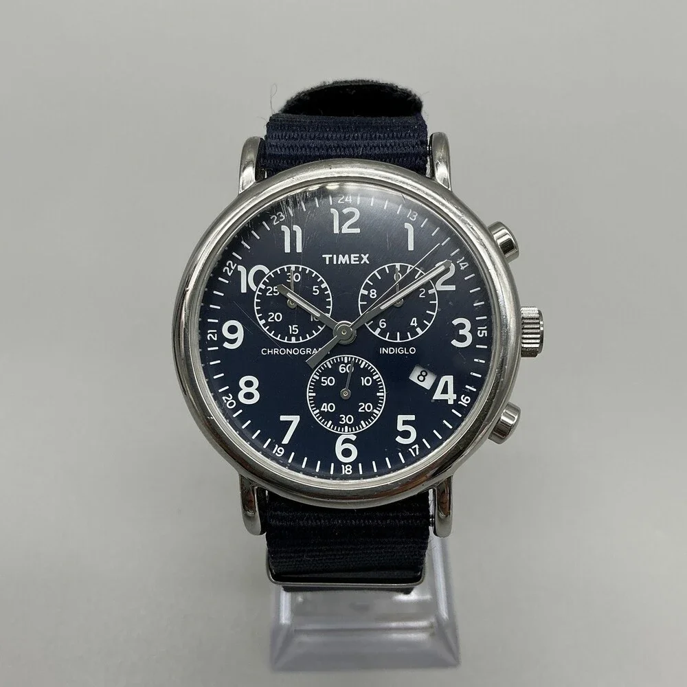 Timex Indiglo Chronograph Mens Watch 40mm Blue Dial Blue Date New Battery